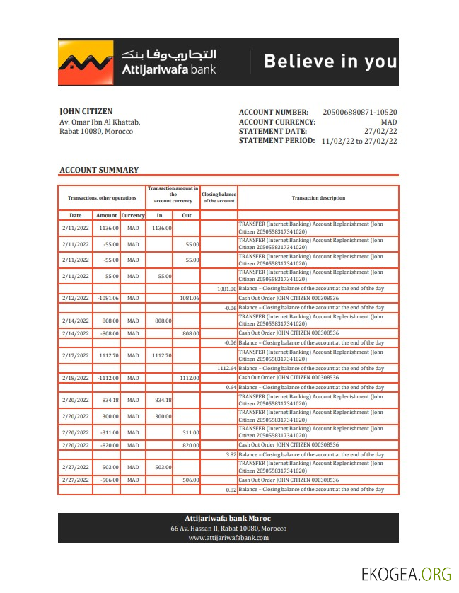 Maroc Relevé Attijariwafa bank xls